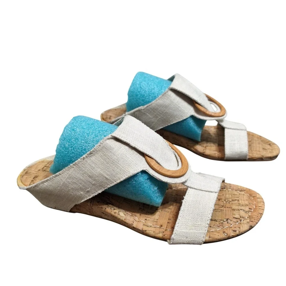 Vintage 7 Eight St Barts Women's 6.5M Cream Fabric Cork Wedge Slide Sandals V78